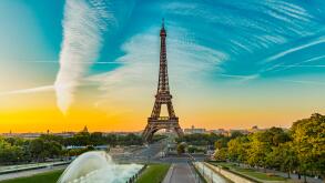 Eiffel Tower seen at sunrise from Esplanade du Trocadero in Paris.