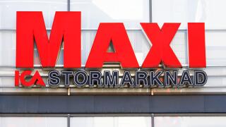 Solna, Sweden - March 10, 2016: Exterior sign at the Ica Maxi supermarket located in the Solna Business Park district.
