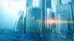 Universal finance abstract background Economic growth graph chart on futuristic city. Double exposure.