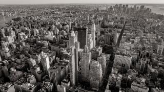 Black and white aerial view of New York City skyscrapers with Midtown, Chelsea, East Village and Lower Manhattan. NYC