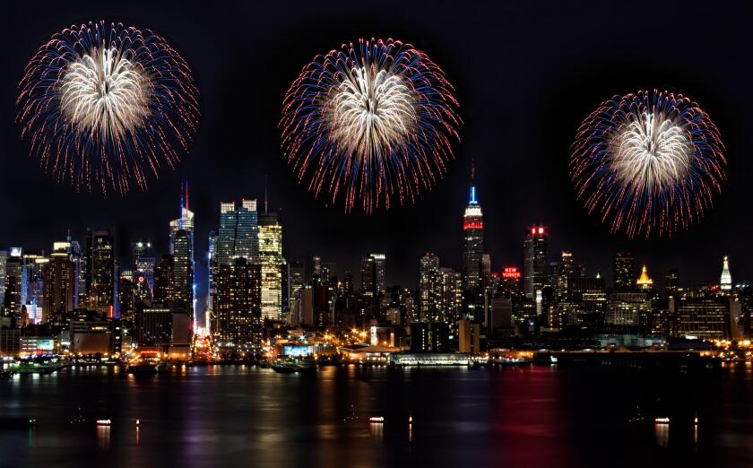 Macy's specatacular Fireworks Display along the Hudson River with the NYC skyline as a backdrop.