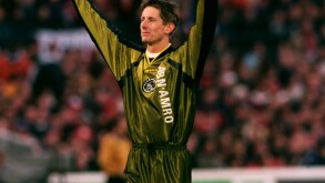 Dutch Soccer - Eredivisie - Feyenoord v Ajax. Ajax goalkeeper Edwin Van Der Sar celebrates after Ajax took the lead
