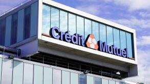 credit mutuel french bank logo signage on modern office building facade headoffice