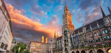 Munich, Germany. Cityscape image of downtown Munich, Germany with Marienplatz at beautiful autumn sunrise.