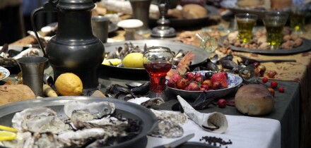 Burgundy feast in the year around1650.Gorgeous Food and drink buffet.(Masterchef in the golden age)