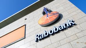 Rabobank sign at branch. Rabobank is the second-largest bank in the Netherlands in terms of total assets.