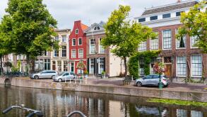 Gables of historic houses on Rapenburg canal in old town of Leiden, South Holland, Netherlands
