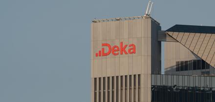 Top part of the Trianon skyscraper with the Deka Group logo in Frankfurt main, Germany