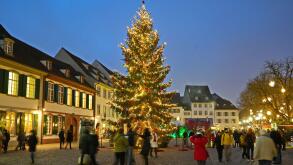 Christmas market in the Munsterplatz, near the Basel cathedral. Basel, Switzerland - December 2022