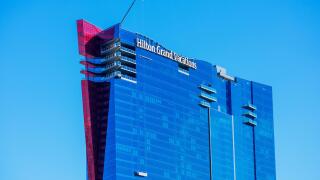 Hilton Grand Vacations Elara hotel facade on the Las Vegas Strip in Paradise - Las Vegas, Nevada, USA - December, 2019