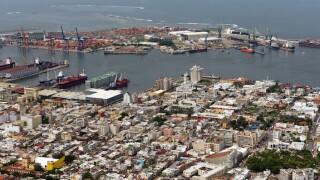 aerial view above Port of Veracruz Mexico and city center