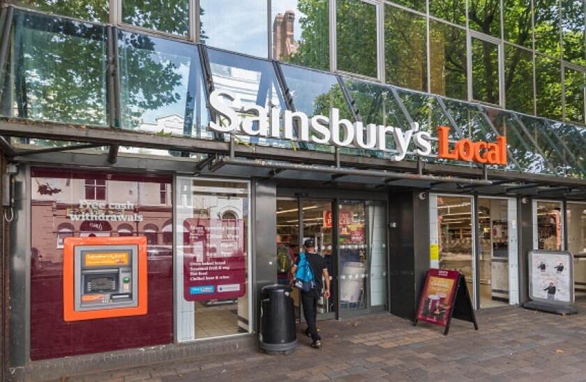 Sainsbury's Local store front entrance in Portsmouth, Hampshire, England, UK. Sainsburys store front UK. Sainsbury Local supermarket groceries store.