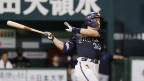 Masataka Yoshida of the Orix Buffaloes hits a solo home run in the fifth inning of a game against the SoftBank Hawks at PayPay Dome in Fukuoka, southwestern Japan, on Aug. 26, 2020. (Kyodo)==Kyodo Photo via Credit: Newscom/Alamy Live News