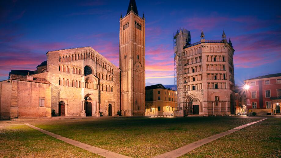 Parma, Italy. Cityscape image of old town Parma, Italy at beautiful autumn sunrise.