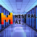 The logo for French startup Mistral AI superimposed in front of a data centre server room