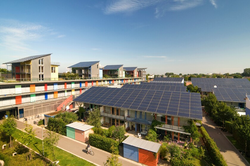 Roofs with solar systems, ecological Vauban district in Freiburg, Baden-Wuerttemberg, Germany, Europe