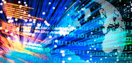 Compositing with globe, fiber optic program code and binary numbers