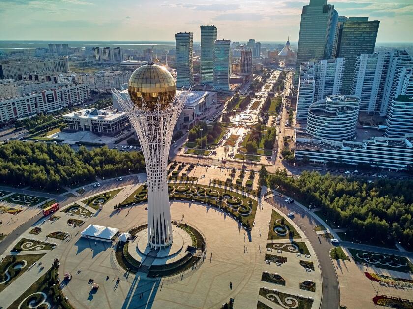 NUR-SULTAN, KAZAKHSTAN (QAZAQSTAN) - August 11, 2019: Beautiful panoramic aerial drone view to Nursultan (Astana) city center with skyscrapers and Bai