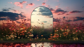 mirror frame standing in the flower field decorated with flowers and reflecting the beautiful landscape and sky