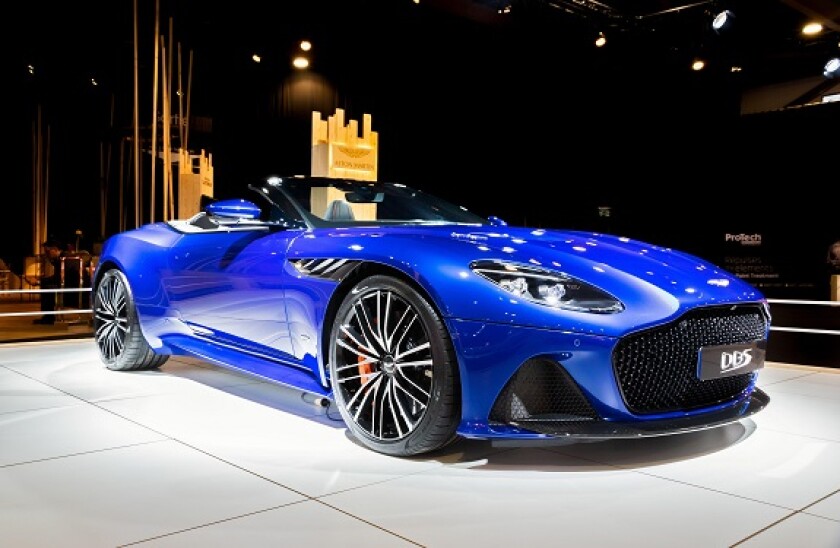 BRUSSELS - JAN 9, 2020: Aston Martin DBS Superleggera Volante sports car showcased at the Brussels Autosalon 2020 Motor Show.