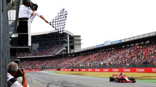 Sebastian Vettel (GER) Ferrari SF71H takes the chequered flag at the end of qualifying. German Grand Prix, Saturday 21st July 2018. Hockenheim, Germany.