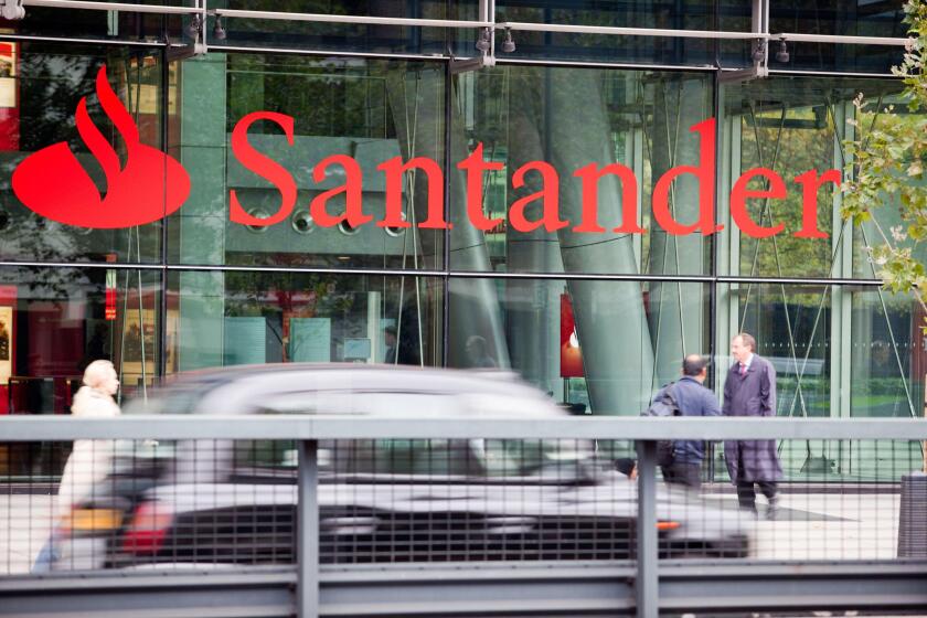 External Santander branding at 2 Triton Square offices, London.