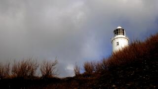 Winter storm at Trevose Head lighthouse, Cornwall.