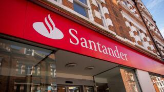 London- April 2022:  Santander high street bank branch, a Spanish multinational bank and financial services company