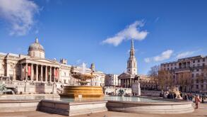 Trafalgar Square, London, on a sunny winter day.
