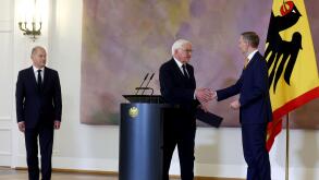 Berlin, Germany. 07th Nov, 2024. Federal President Frank-Walter Steinmeier (M) hands Christian Lindner (r/FDP), former Federal Minister of Finance, his certificate of dismissal at Bellevue Palace. Federal Chancellor Olaf Scholz (SPD) looks on. Credit: Chr
