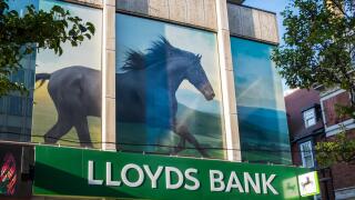 Lloyds bank with picture of black horse above the branch on Oxford street, London, England, U.K.