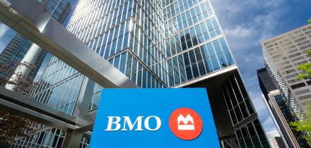 Toronto, Canada - May 26, 2026: BMO Bank Sign and Modern Glass Skyscrapers in Downtown Financial District