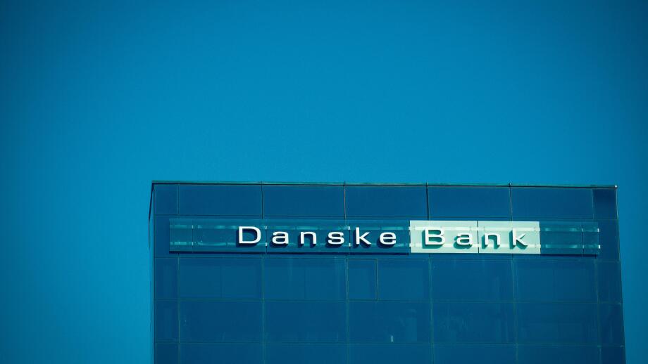 Danske Bank logo and sign on modern office building in Vilnius, Lithuania