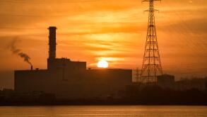 Derry, Northern Ireland- Nov 7 2020: Coolkeeragh power station at sunrise