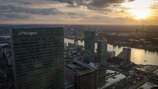 London, England - 27 February 2015: The headquarters of JPMorgan Europe, a branch of JP Morgan Chase Co., at 25 Bank Street, part of the Canary Wharf