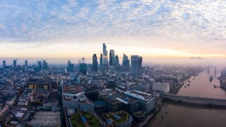Stunning London city sunrise aerial view