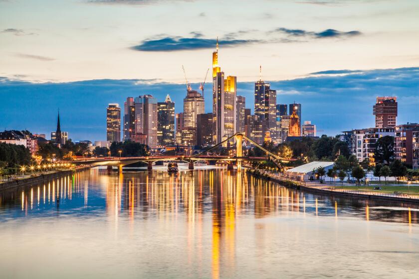 Classic view of Frankfurt am Main skyline in beautiful post sunset twilight at dusk, Hessen, Germany