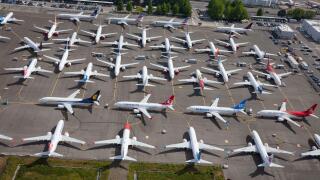 June 2019: Boeing 737 Max aircraft grounded at Boeing Field factory near Seattle, Washington, USA, during the crisis caused by unsafe software