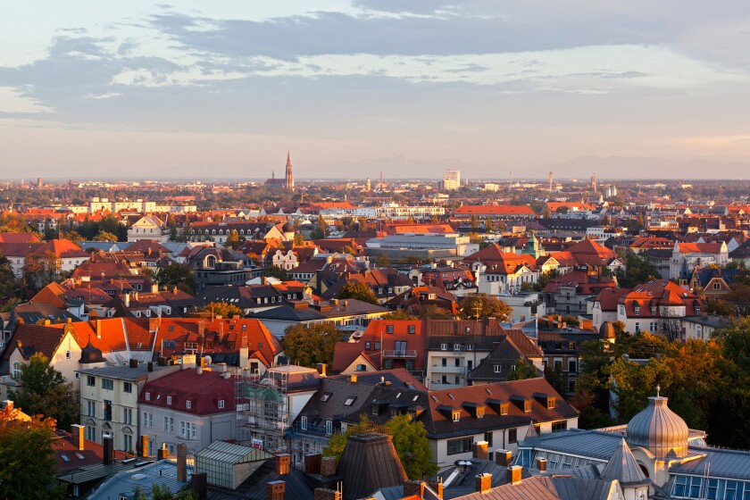 Germany, Bavaria, Munich, View of cityscape with crowded houses and roof