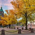 Helsinki Finland, city skyline at Uspenski Cathedral with autumn foliage season