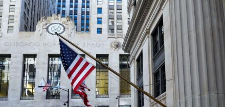 Chicago, USA - August 2022:  Financial district of the Loop, with Board of Trade Building and the Federal Reserve Bank of Chicago