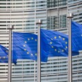 European flags in front of the Berlaymont building, headquarters of the European commission in Brussels.