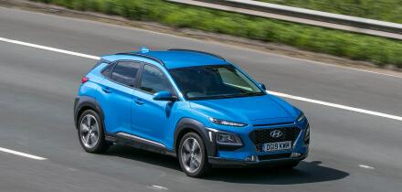 2019 Hyundai Kona Premium Blue Car Hatchback Petrol driving on the M6 motorway near Preston in Lancashire, UK