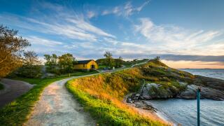 Walkway on bluffs above the Baltic Sea on Suomenlinna, in Helsinki, Finland.