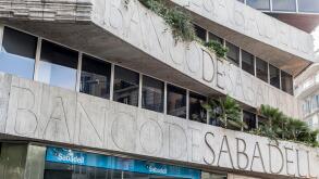 Facade Banco de Sabadell sign, Rambla de Catalunya, Barcelona.