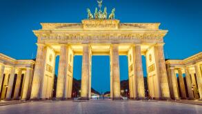 Classic view of famous Brandenburger Tor (Brandenburg Gate), one of the best-known landmarks and national symbols of Germany, in twilight, Berlin