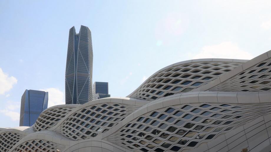 The Public Investmet Fund?s PIF Tower rises above the Zaha Hadid-designed Riyadh Metro station in the King Abullah Financial District in Saudi Arabia