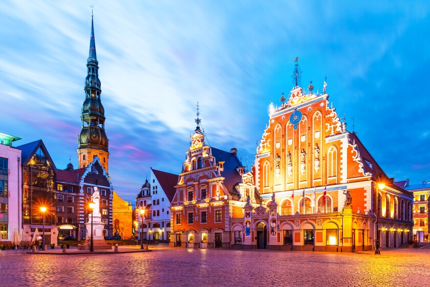 Evening scenery of the Old Town Hall Square in Riga, Latvia