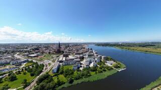 Aerial view of the old town of Rostock and the Warnow river, Mecklenburg, Germany
