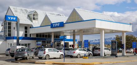 Motor vehicles refuel at a gas station, YPF, in Ushuaia, Argentina on Wednesday, November 15, 2023. Photo: David Rowland / One-Image.com